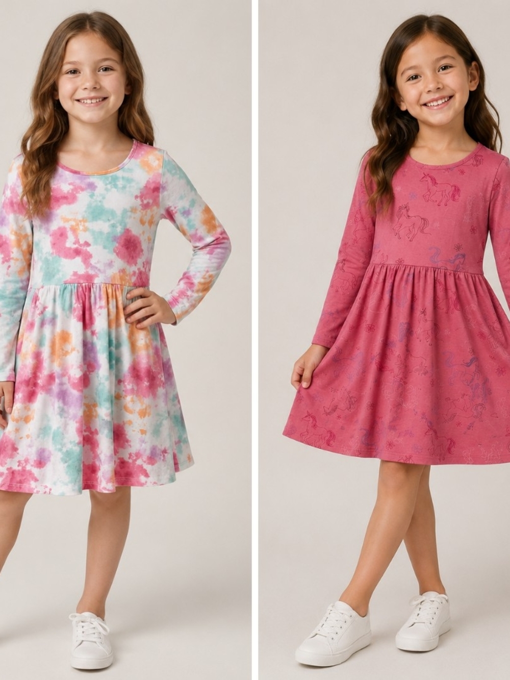 Girls' Long-Sleeve Tie-Dye and Rose Pink Knit Dress Bundle - Twirl Dresses Sz 7